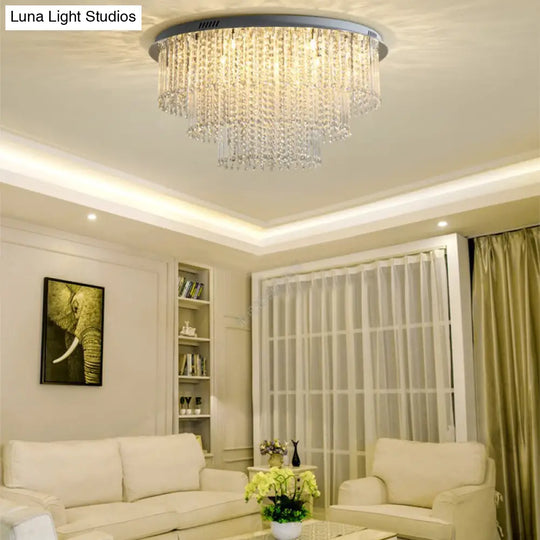 Modern Crystal Strand 3-Tier Nickel Led Ceiling Light Flush Mount For Living Room