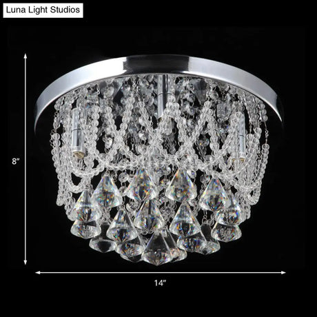 Modern Crystal Strand Ceiling Lamp - Dome Flush 3 Lights 14’/18’ Wide Chrome; Ideal For Bedroom