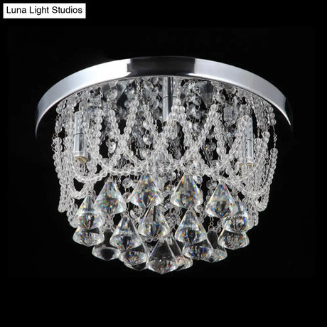 Modern Crystal Strand Ceiling Lamp - Dome Flush 3 Lights 14’/18’ Wide Chrome; Ideal For Bedroom