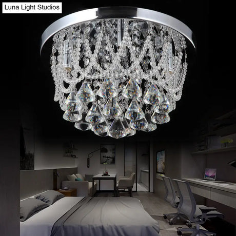 Modern Crystal Strand Ceiling Lamp - Dome Flush 3 Lights 14’/18’ Wide Chrome; Ideal For Bedroom