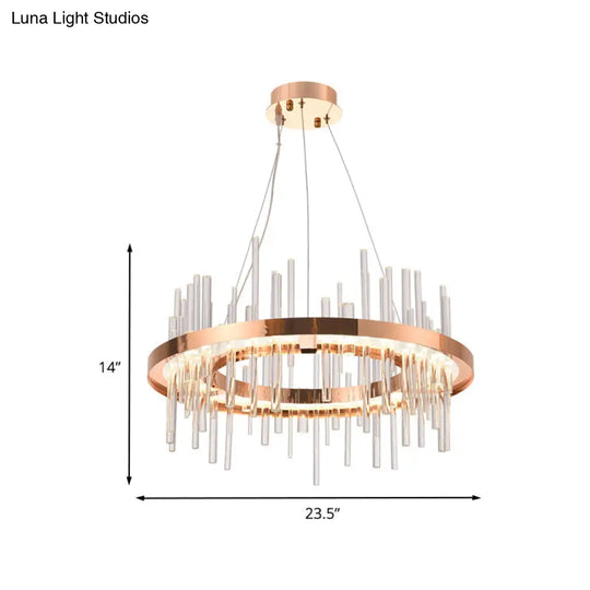 Modern Crystal Strip Led Chandelier - Rose Gold Circle Ceiling Lamp For Bedroom