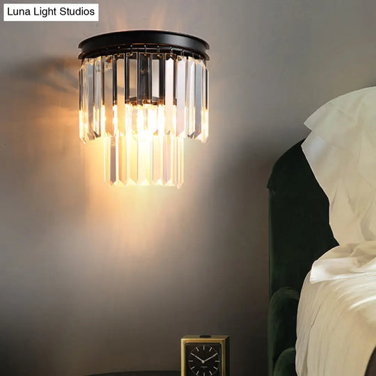 Modern Crystal Tiered Wall Sconce With 2 Bulbs For Bedside Lighting