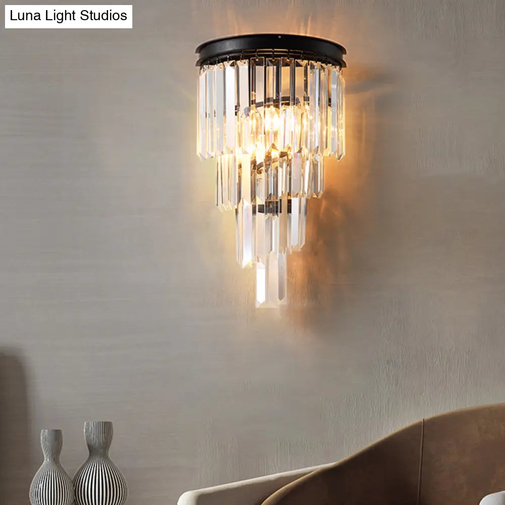Modern Crystal Tiered Wall Sconce With 2 Bulbs For Bedside Lighting