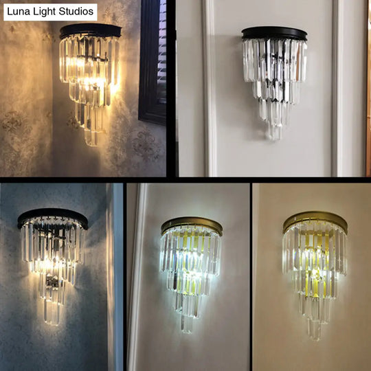 Modern Crystal Tiered Wall Sconce With 2 Bulbs For Bedside Lighting