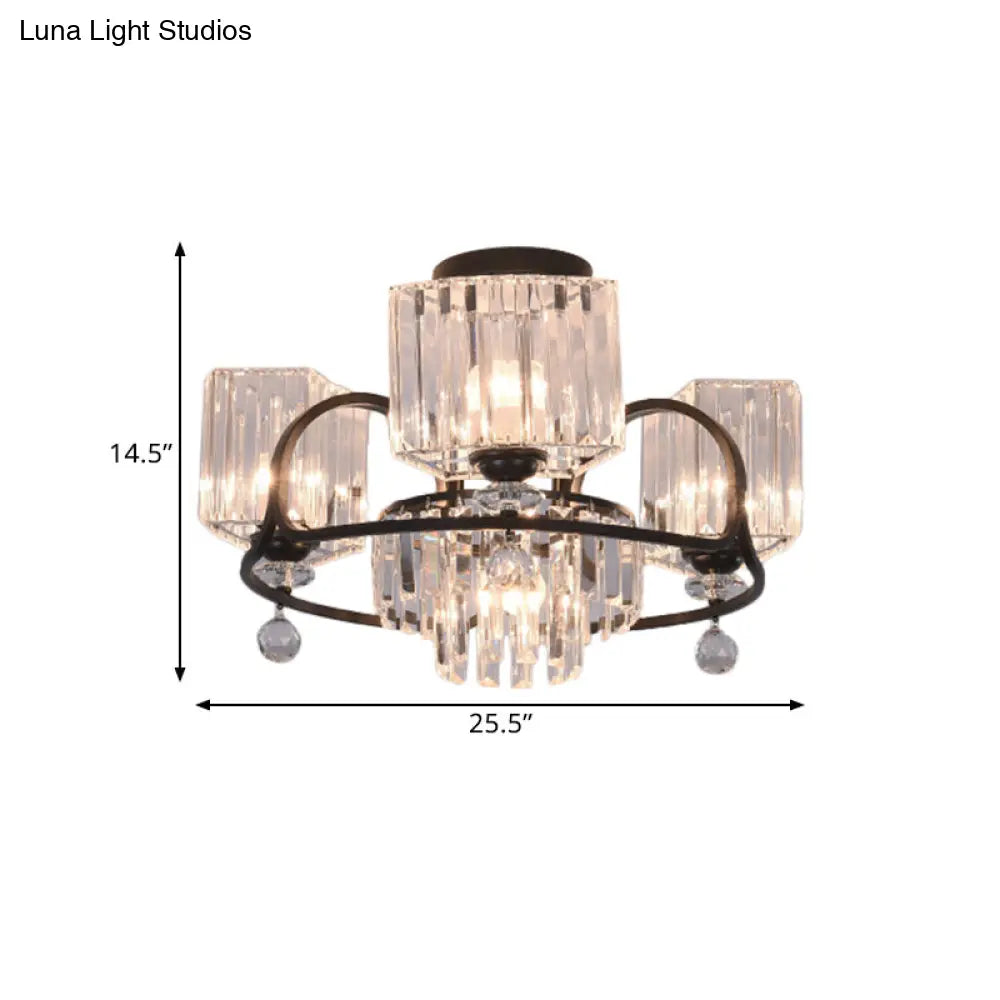Modern Crystal Trapezoid Light Fixture- 4/8 Bulb Dining Room Semi Flush With Sleek Black Frame
