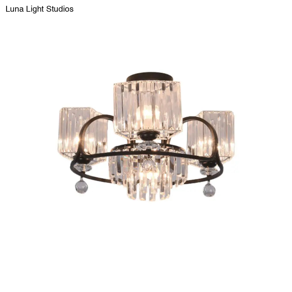 Modern Crystal Trapezoid Light Fixture- 4/8 Bulb Dining Room Semi Flush With Sleek Black Frame