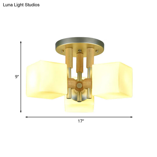 Modern Cube 3-Light Glass & Wood Ceiling Lamp