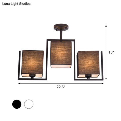 Modern Cuboid Semi Flush Mount With 3 Bulbs And Fabric Shade
