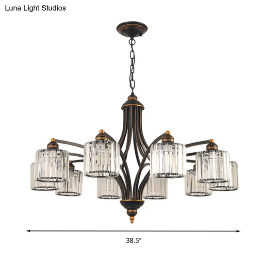 Modern Curved Arm Chandelier With Clear Tri-Sided Crystal Rods - 3/5/6 Heads Black Ceiling Fixture