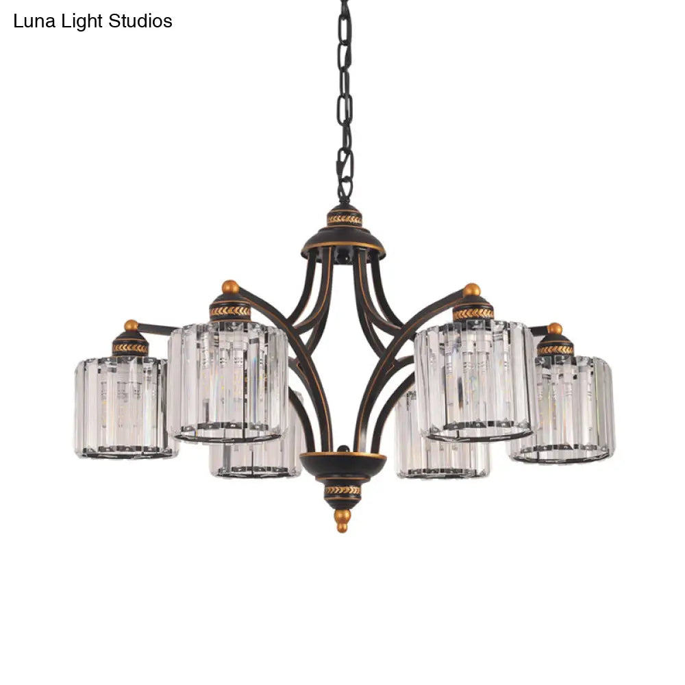 Modern Curved Arm Chandelier With Clear Tri-Sided Crystal Rods - 3/5/6 Heads Black Ceiling Fixture