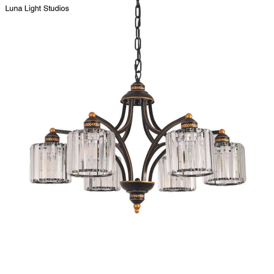 Modern Curved Arm Chandelier With Clear Tri-Sided Crystal Rods - 3/5/6 Heads Black Ceiling Fixture
