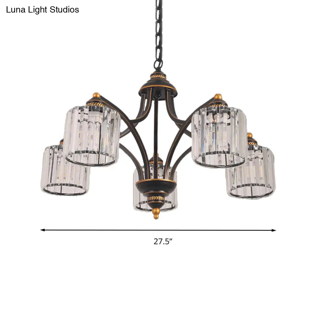 Modern Curved Arm Chandelier With Clear Tri-Sided Crystal Rods - 3/5/6 Heads Black Ceiling Fixture
