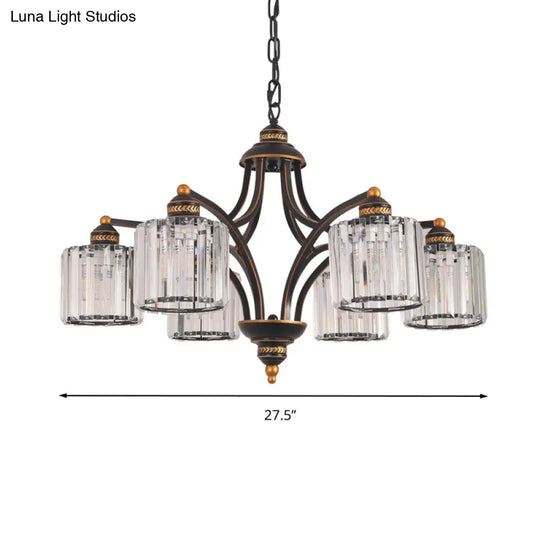 Modern Curved Arm Chandelier With Clear Tri-Sided Crystal Rods - 3/5/6 Heads Black Ceiling Fixture