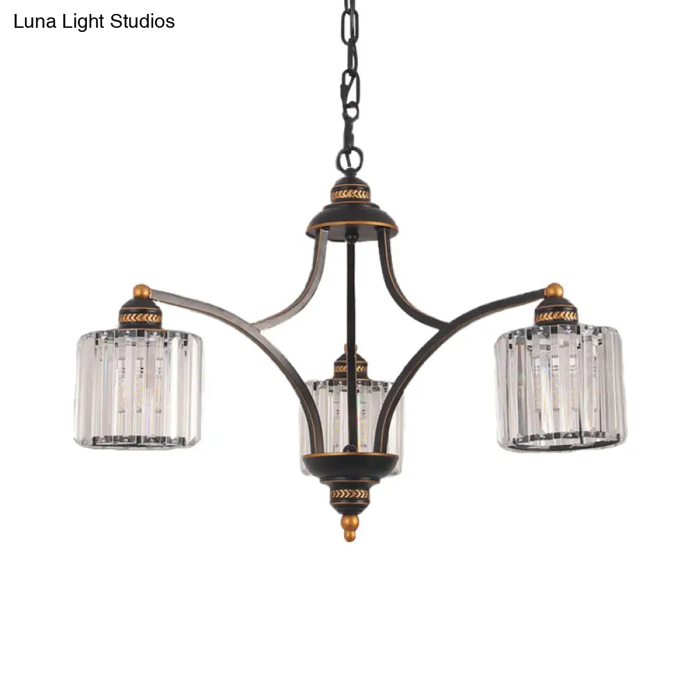 Modern Curved Arm Chandelier With Clear Tri-Sided Crystal Rods - 3/5/6 Heads Black Ceiling Fixture