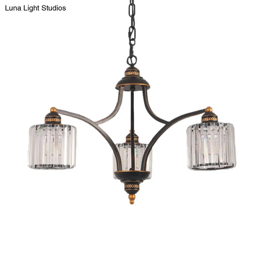 Modern Curved Arm Chandelier With Clear Tri-Sided Crystal Rods - 3/5/6 Heads Black Ceiling Fixture