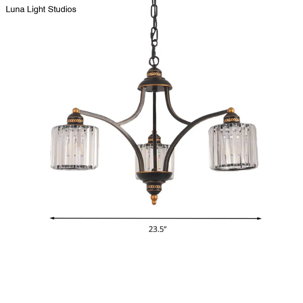 Modern Curved Arm Chandelier With Clear Tri-Sided Crystal Rods - 3/5/6 Heads Black Ceiling Fixture