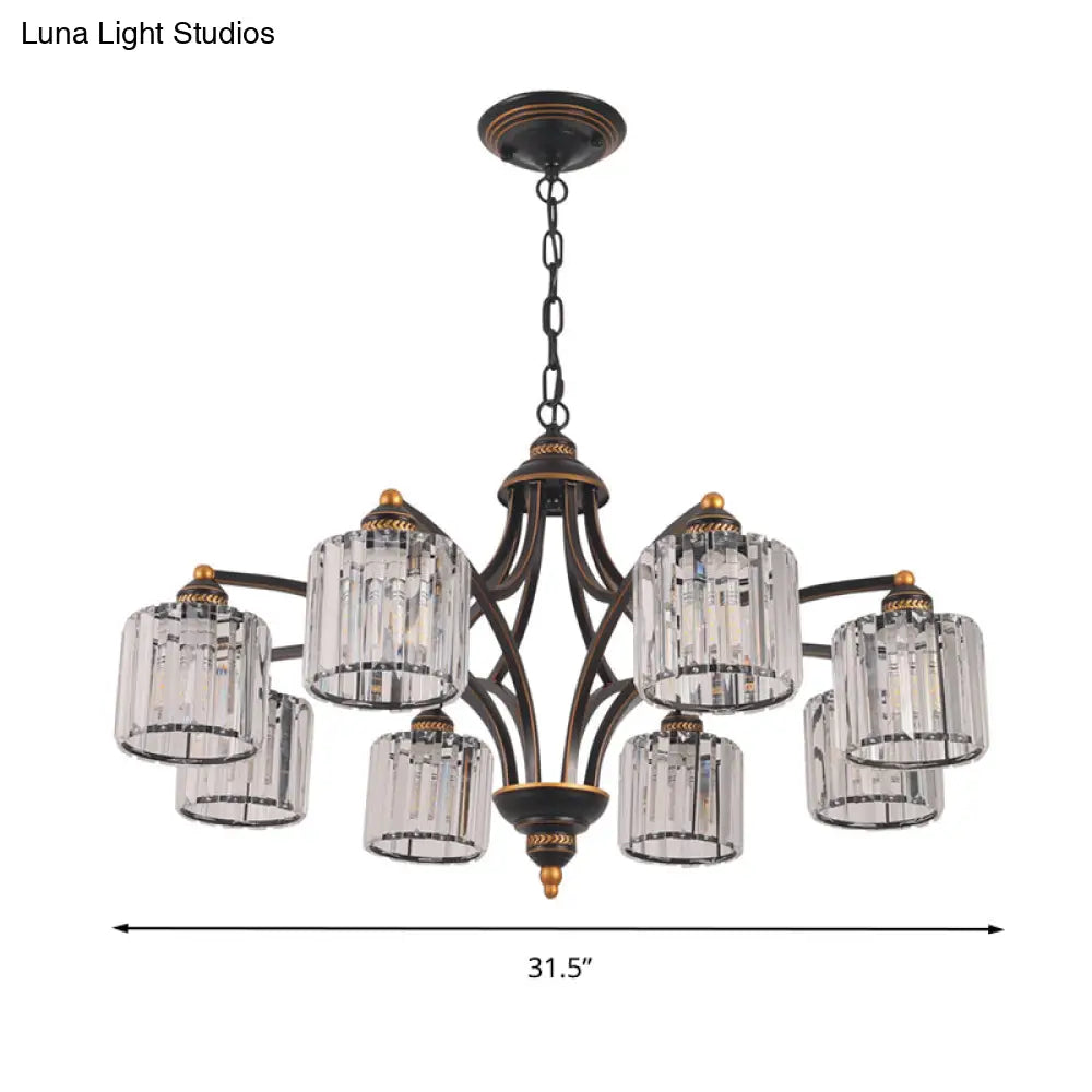 Modern Curved Arm Chandelier With Clear Tri-Sided Crystal Rods - 3/5/6 Heads Black Ceiling Fixture