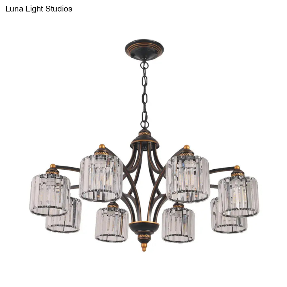Modern Curved Arm Chandelier With Clear Tri-Sided Crystal Rods - 3/5/6 Heads Black Ceiling Fixture