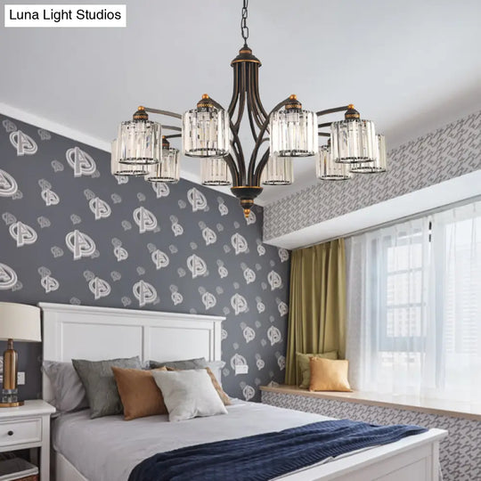 Modern Curved Arm Chandelier With Clear Tri-Sided Crystal Rods - 3/5/6 Heads Black Ceiling Fixture