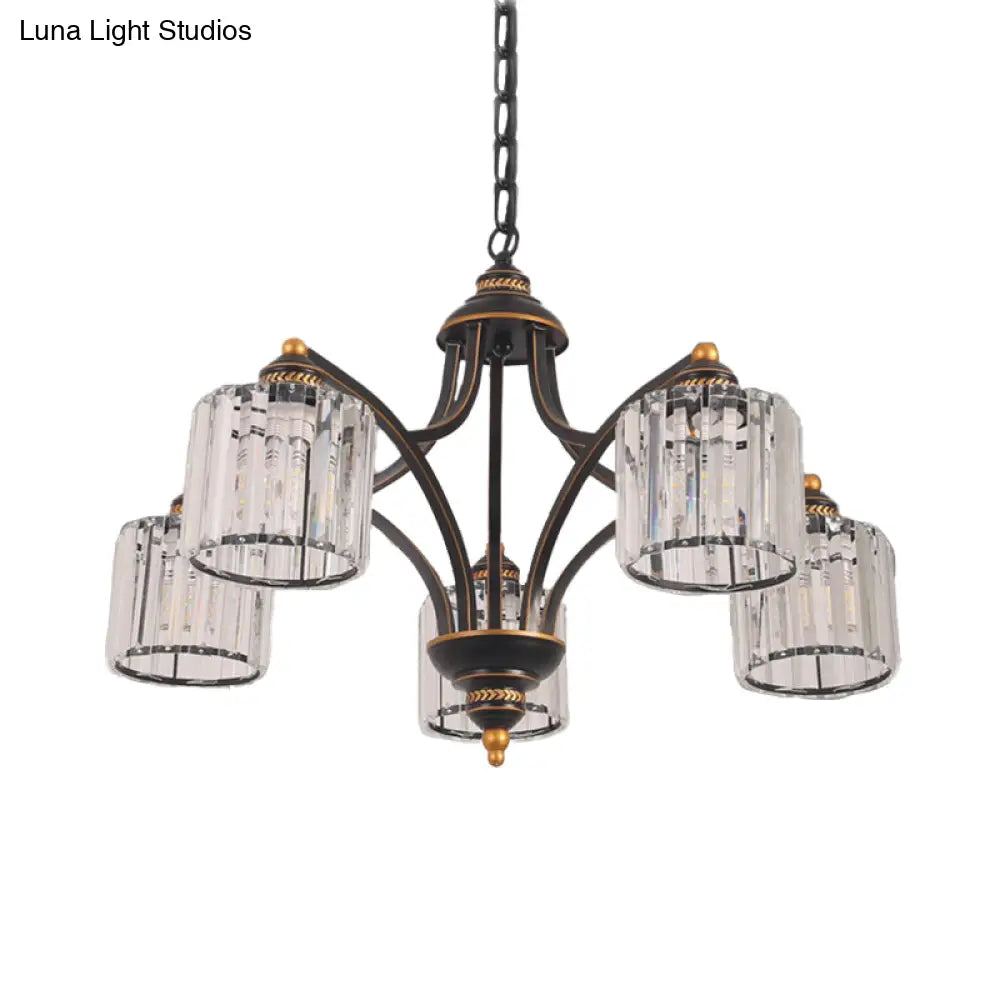 Modern Curved Arm Chandelier With Clear Tri-Sided Crystal Rods - 3/5/6 Heads Black Ceiling Fixture