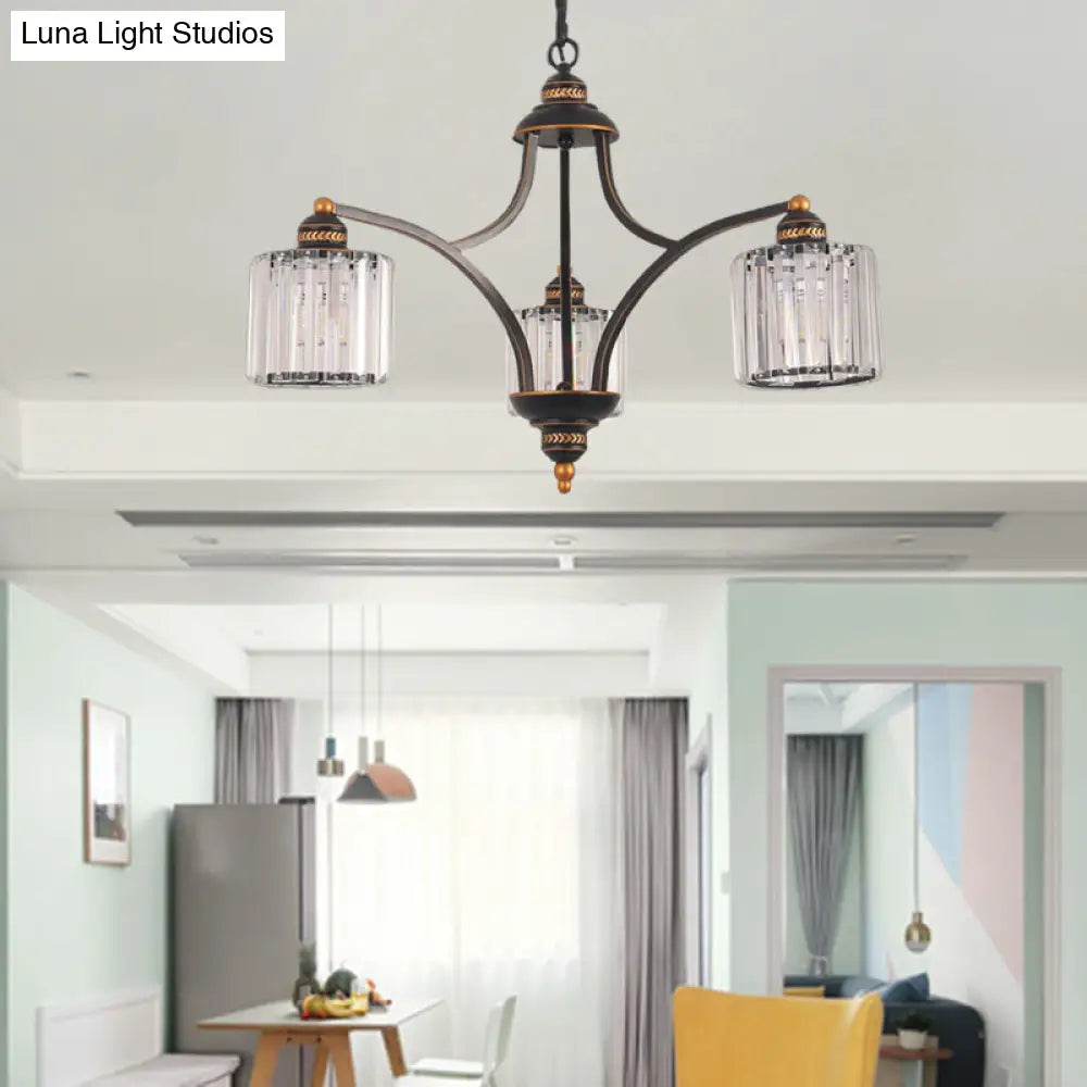 Modern Curved Arm Chandelier With Clear Tri-Sided Crystal Rods - 3/5/6 Heads Black Ceiling Fixture