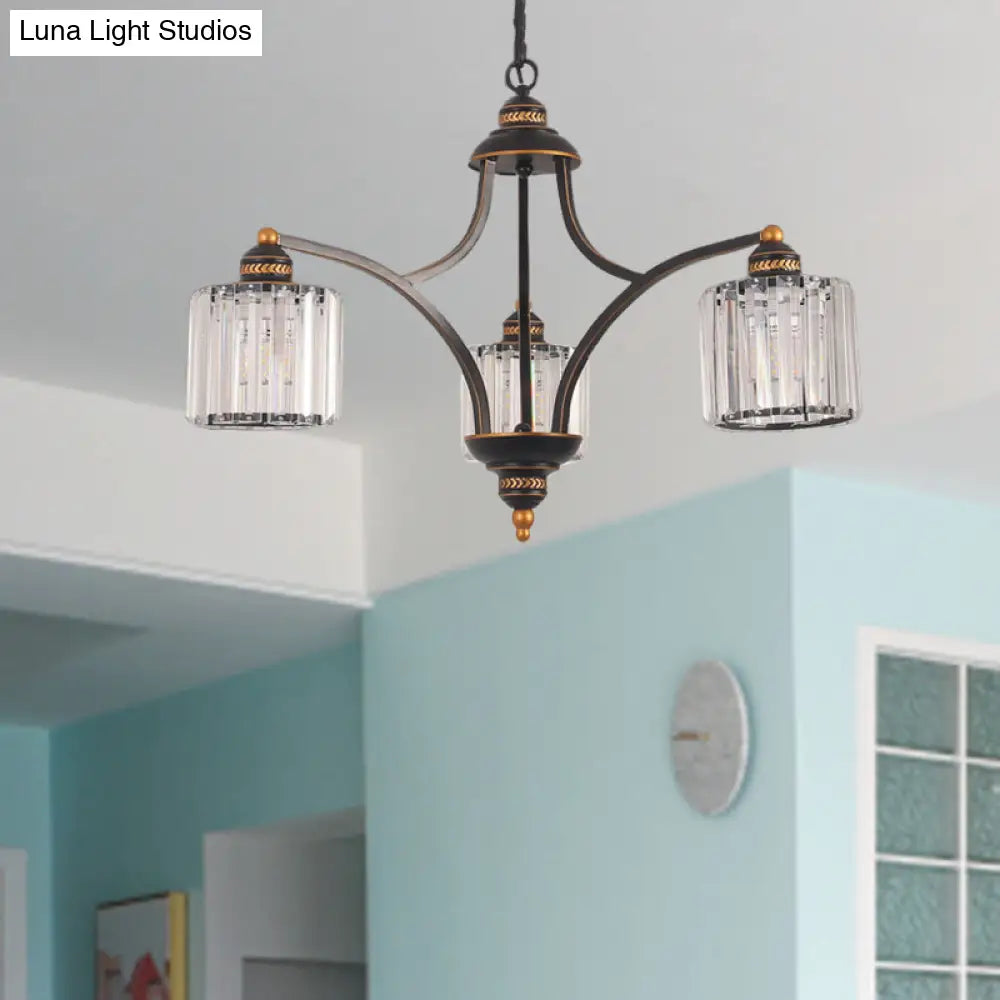 Modern Curved Arm Chandelier With Clear Tri-Sided Crystal Rods - 3/5/6 Heads Black Ceiling Fixture
