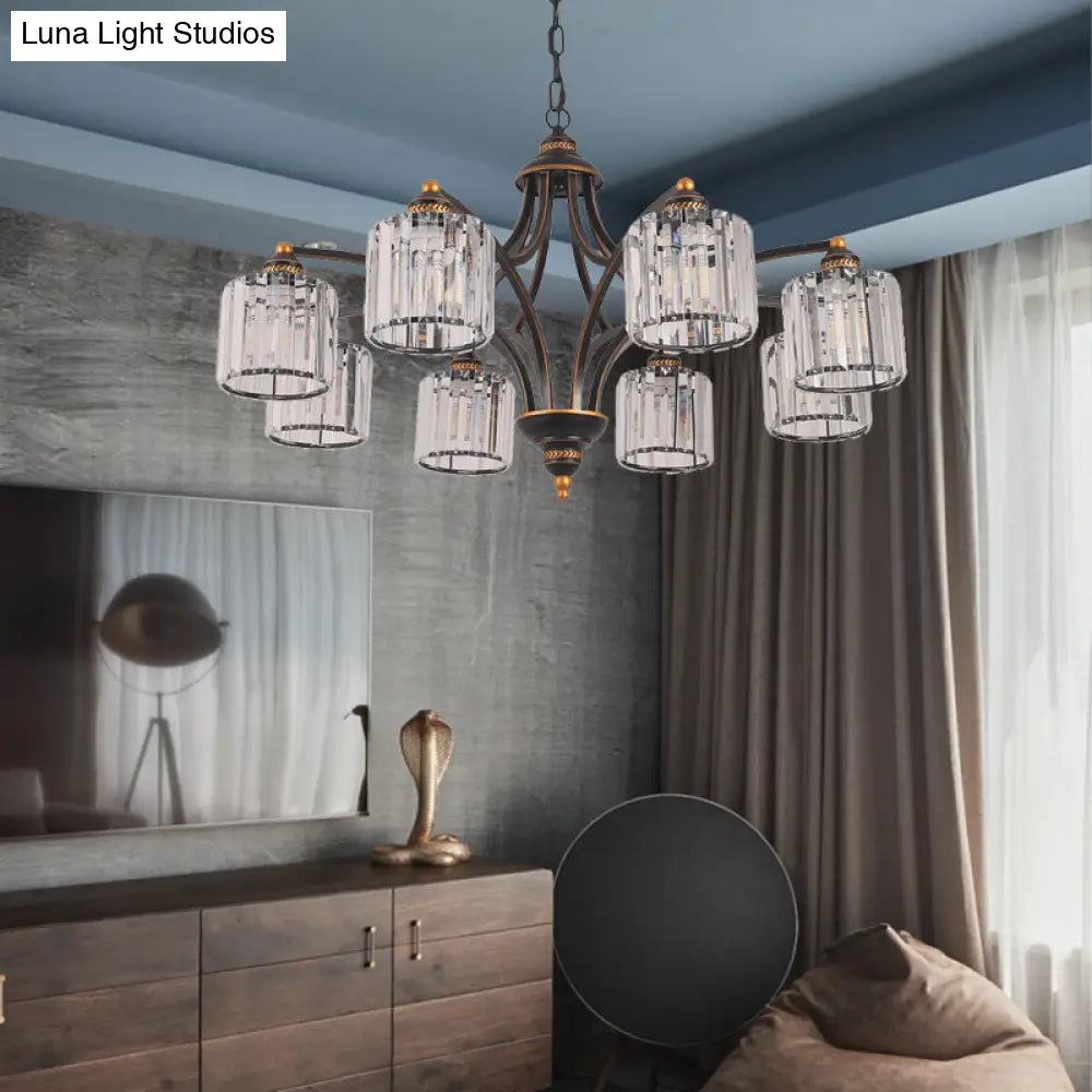 Modern Curved Arm Chandelier With Clear Tri-Sided Crystal Rods - 3/5/6 Heads Black Ceiling Fixture