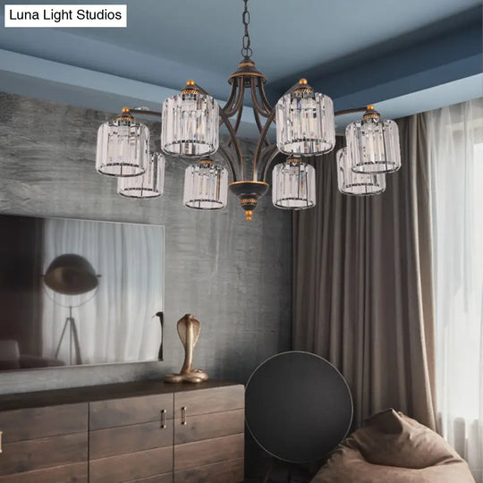 Modern Curved Arm Chandelier With Clear Tri-Sided Crystal Rods - 3/5/6 Heads Black Ceiling Fixture