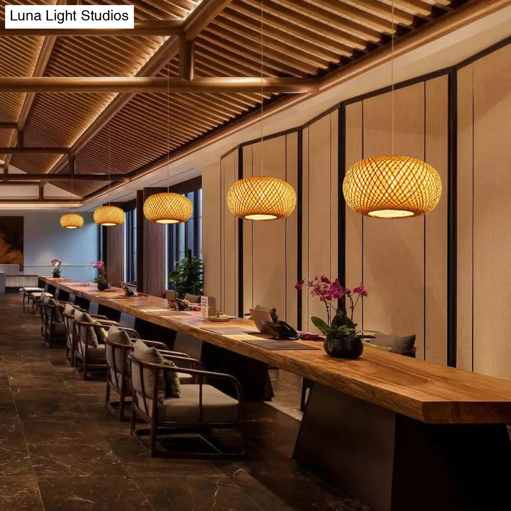Modern Curved Drum Bamboo Pendant Ceiling Light For Tea Room