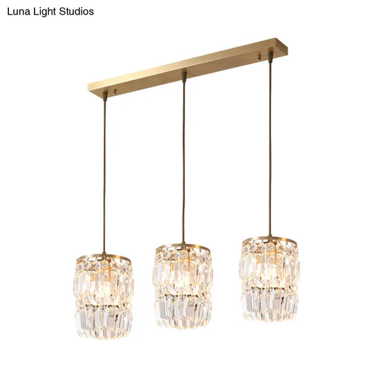 Modern Cylinder Crystal Hanging Light With Brass Finish - 3-Bulb Pendant Lamp Fixture