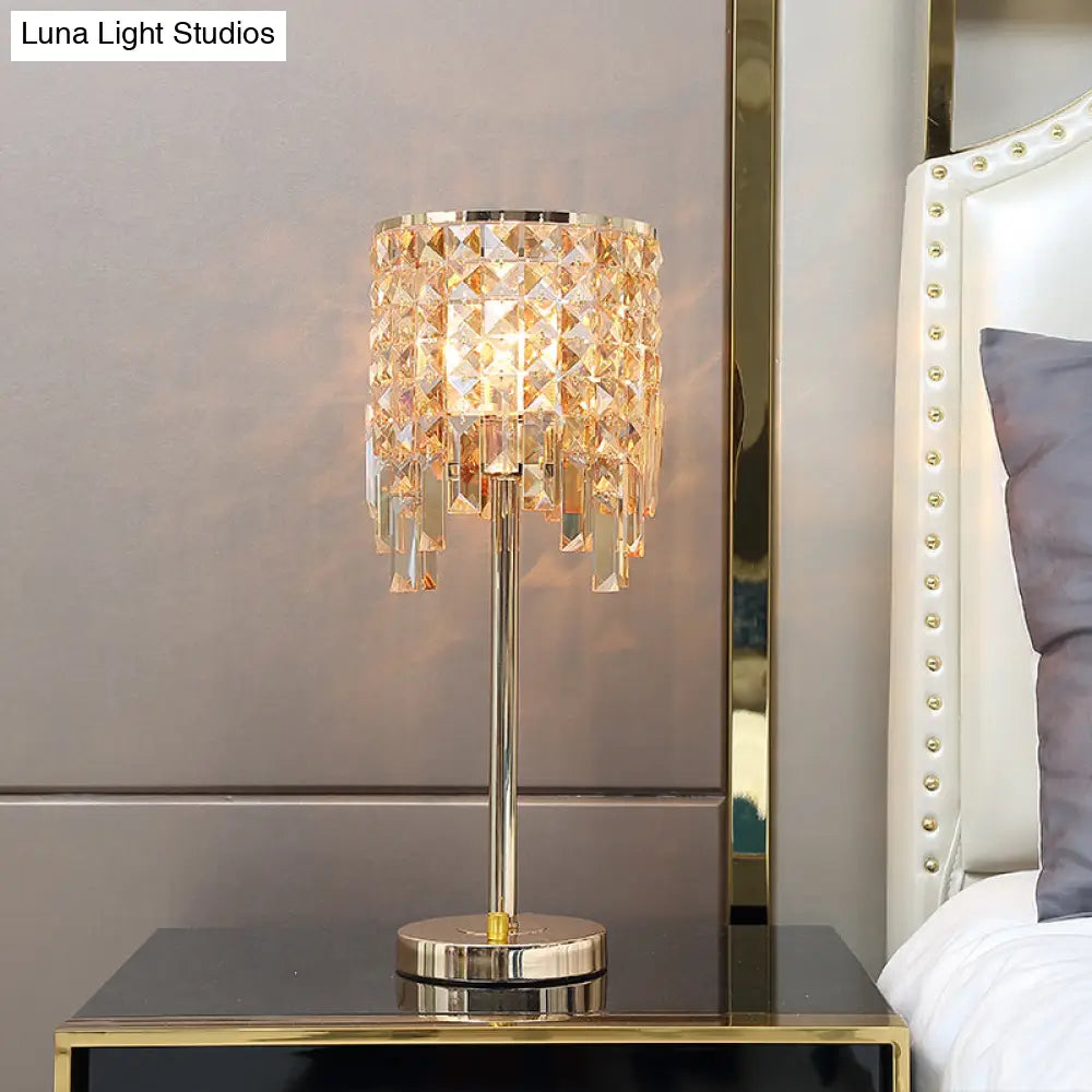 Modern Cylinder Desk Lamp With Amber/Clear Crystal - Ideal For Small Dining Rooms 1 Bulb