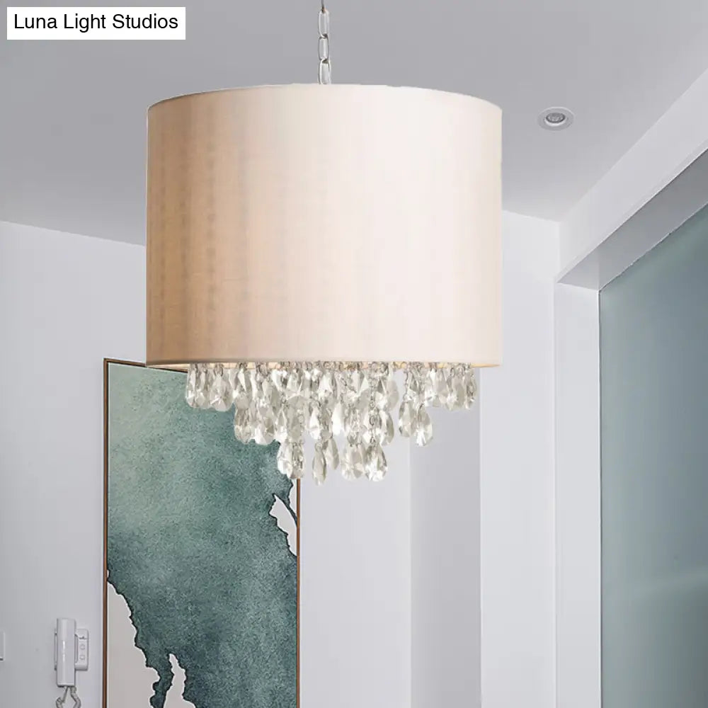 Modern Cylinder Fabric Pendant Chandelier With Crystal Drops - Beige Hanging Light (3/4 Heads) 4 /