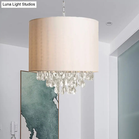 Modern Cylinder Fabric Pendant Chandelier With Crystal Drops - Beige Hanging Light (3/4 Heads) 4 /