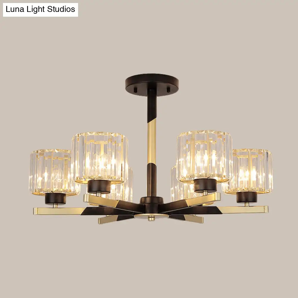 Modern Cylindrical Crystal Semi Flush Chandelier In Black - 6/8-Head Living Room Ceiling Light
