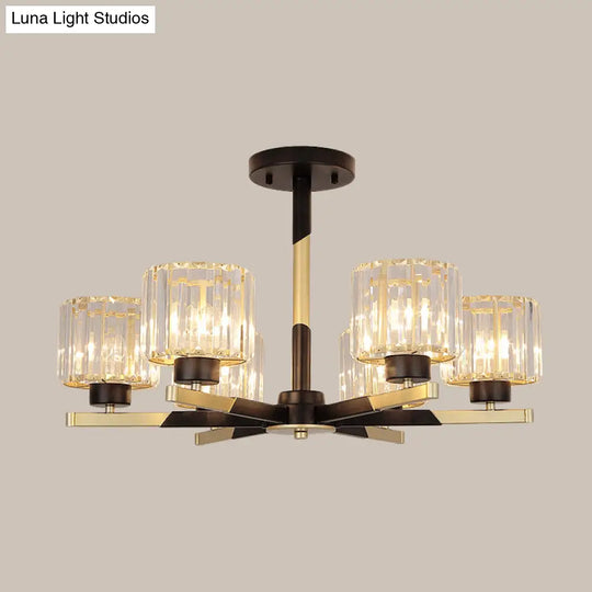 Modern Cylindrical Crystal Semi Flush Chandelier In Black - 6/8-Head Living Room Ceiling Light