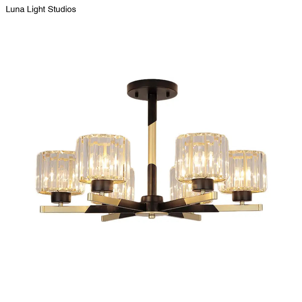 Modern Cylindrical Crystal Semi Flush Chandelier In Black - 6/8-Head Living Room Ceiling Light