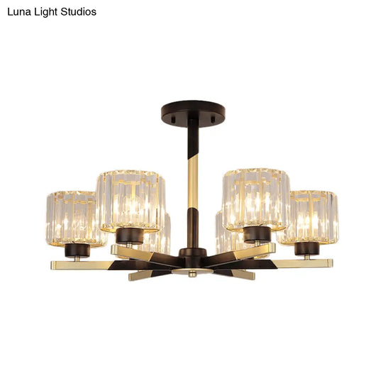 Modern Cylindrical Crystal Semi Flush Chandelier In Black - 6/8-Head Living Room Ceiling Light