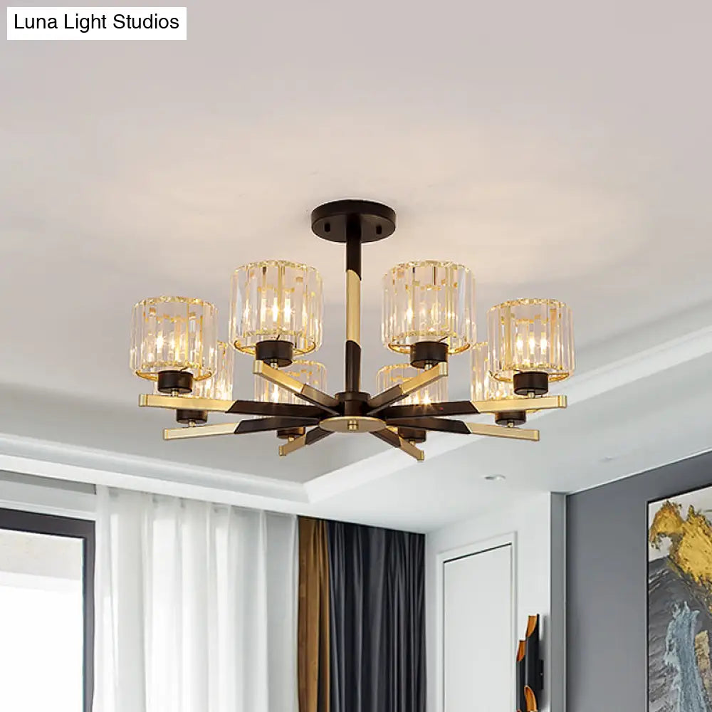 Modern Cylindrical Crystal Semi Flush Chandelier In Black - 6/8-Head Living Room Ceiling Light