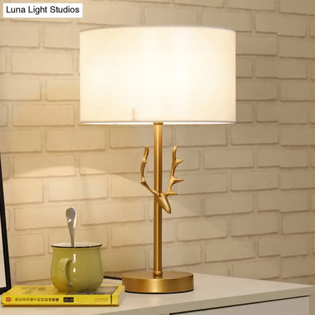 Modern Cylindrical Fabric Desk Light: White Night Table Lamp With Gold Metal Elk Accent