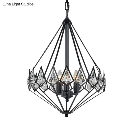 Modern Diamond Suspension Pendant Chandelier with 3 Metallic Heads and Crystal Encrustation in Black Elegant Parlor