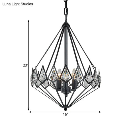 Modern Diamond Suspension Pendant Chandelier with 3 Metallic Heads and Crystal Encrustation in Black Elegant Parlor