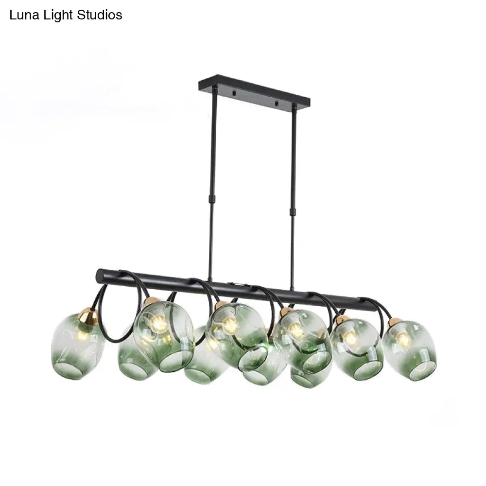 Modern Dimpled Glass Wine Cup Island Light With 6/8/10-Head Black Suspended Fixture Blue/Green Ombre