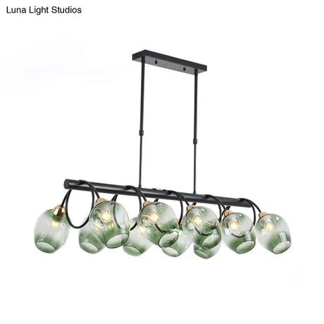 Modern Dimpled Glass Wine Cup Island Light With 6/8/10-Head Black Suspended Fixture Blue/Green Ombre