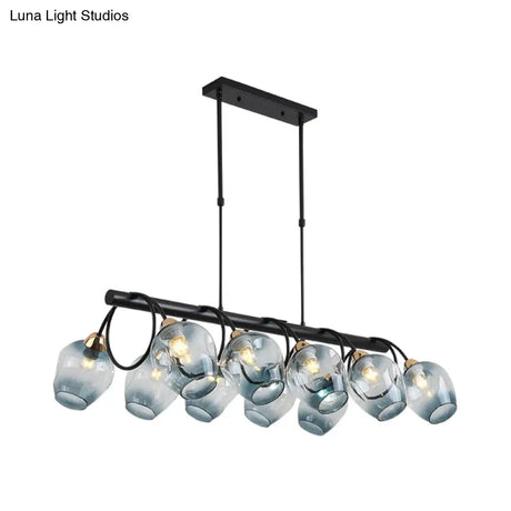 Modern Dimpled Glass Wine Cup Island Light With 6/8/10-Head Black Suspended Fixture Blue/Green Ombre