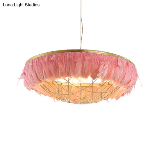 Modern Dome Cage Metallic Chandelier: Gold 2-Bulb Ceiling Lamp With Feather Deco - White Grey Pink