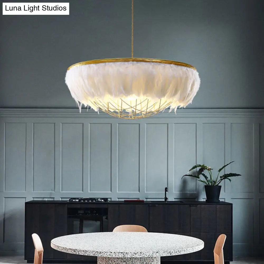 Modern Metallic Chandelier With Feather Deco - 2 Bulbs Gold Finish