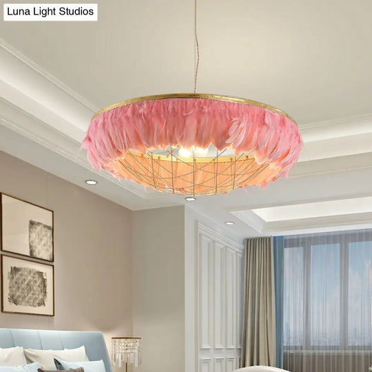 Modern Metallic Chandelier With Feather Deco - 2 Bulbs Gold Finish Pink