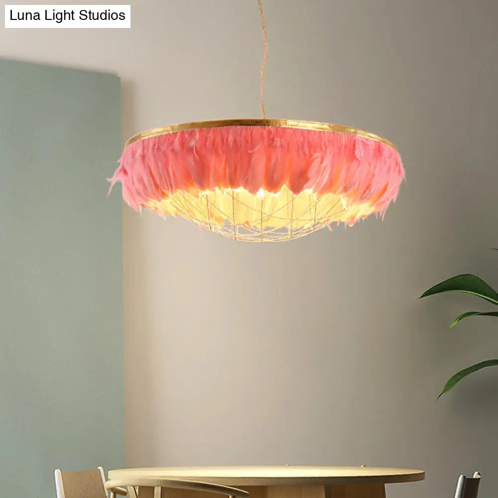 Modern Dome Cage Metallic Chandelier: Gold 2-Bulb Ceiling Lamp With Feather Deco - White Grey Pink