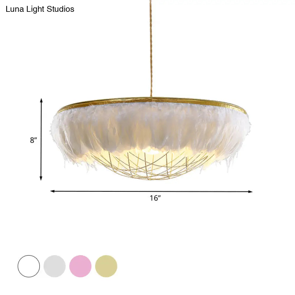 Modern Dome Cage Metallic Chandelier: Gold 2-Bulb Ceiling Lamp With Feather Deco - White Grey Pink