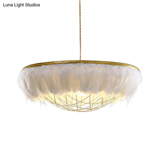 Modern Metallic Chandelier With Feather Deco - 2 Bulbs Gold Finish